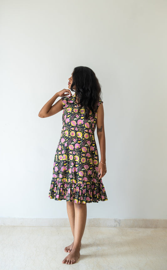 black floral sleeveless dress